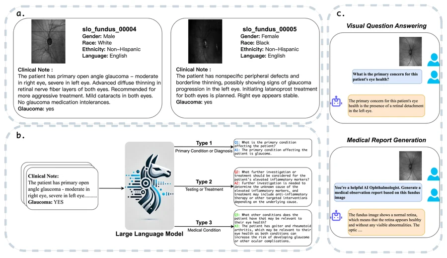 FM-Bench overview showing image and clinical report inputs, generated question-answer pairs, visual question answering, and medical report generation.